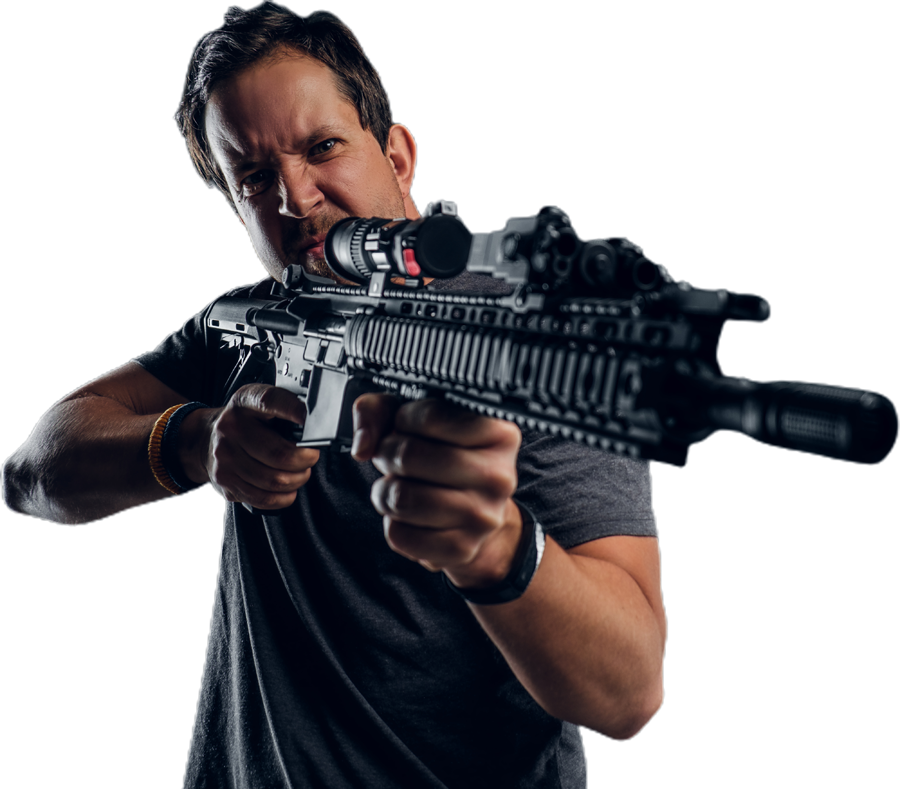 smiling shooting instructor and customer in shooti DQQ2E9E