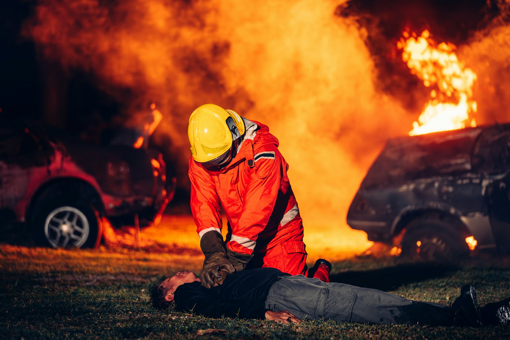 first aid support and courageous firefighters saving people from workplace accidents